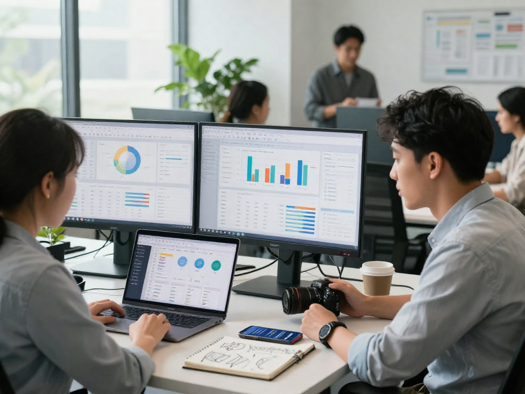 Purchase app installs through a professional workspace scene, showcasing data analysis and marketing strategies for app performance.