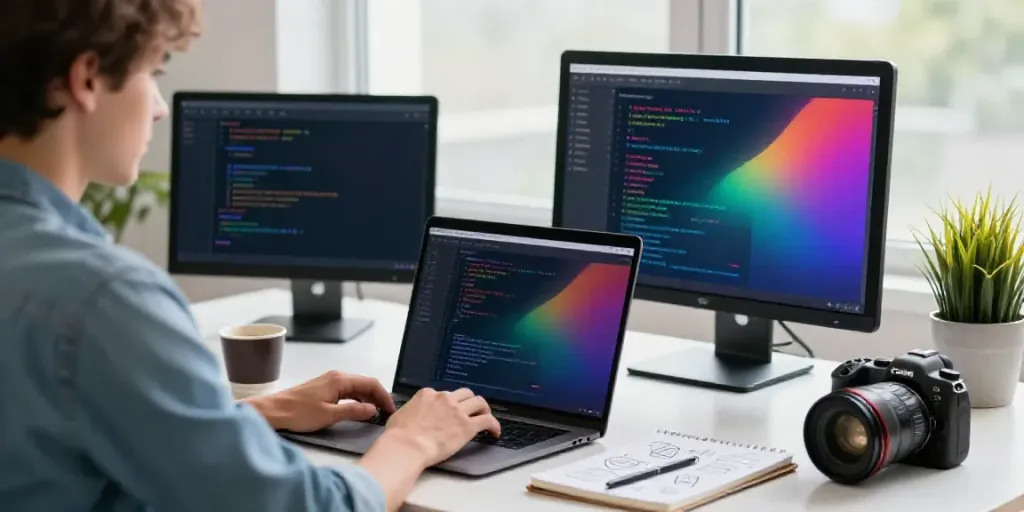 Developer using an AI RSS feed summarizer in a modern workspace.