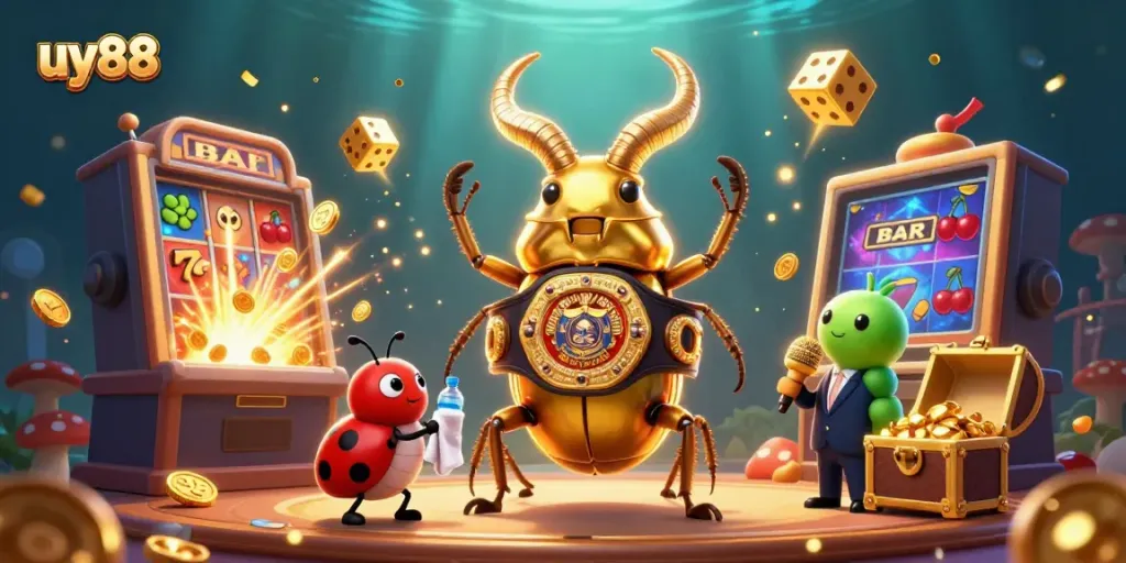 Experience the excitement of uy88 with a dynamic 3D illustration of casino elements and characters.