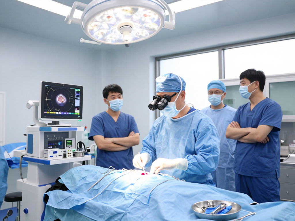 Brain tumor surgery preparations with medical staff focused on beyin tümörü ameliyatı in a modern surgical suite