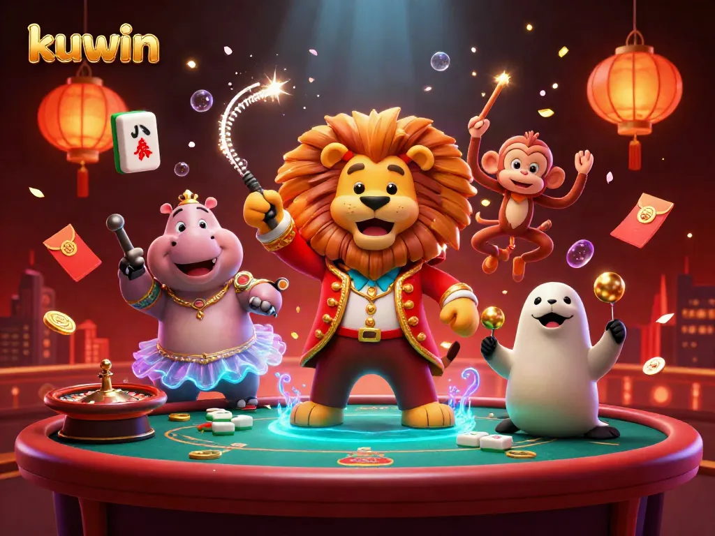 Kuwin poker night featuring a lively 3D lion ringmaster and colorful characters amidst scattering gold coins and festive decorations