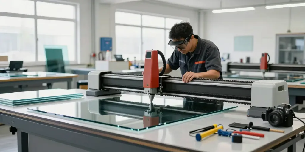 Glass cutting machine manufacturer at work in a professional workshop