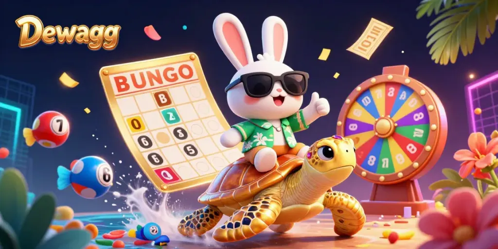 Engage in the vibrant world of Dewagg with a lucky rabbit and golden turtle amid colorful gaming elements.