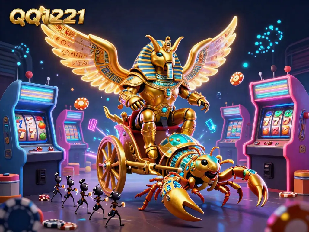 Experience thrilling gameplay on QQ1221 with vibrant gaming elements surrounding a golden scarab chariot.