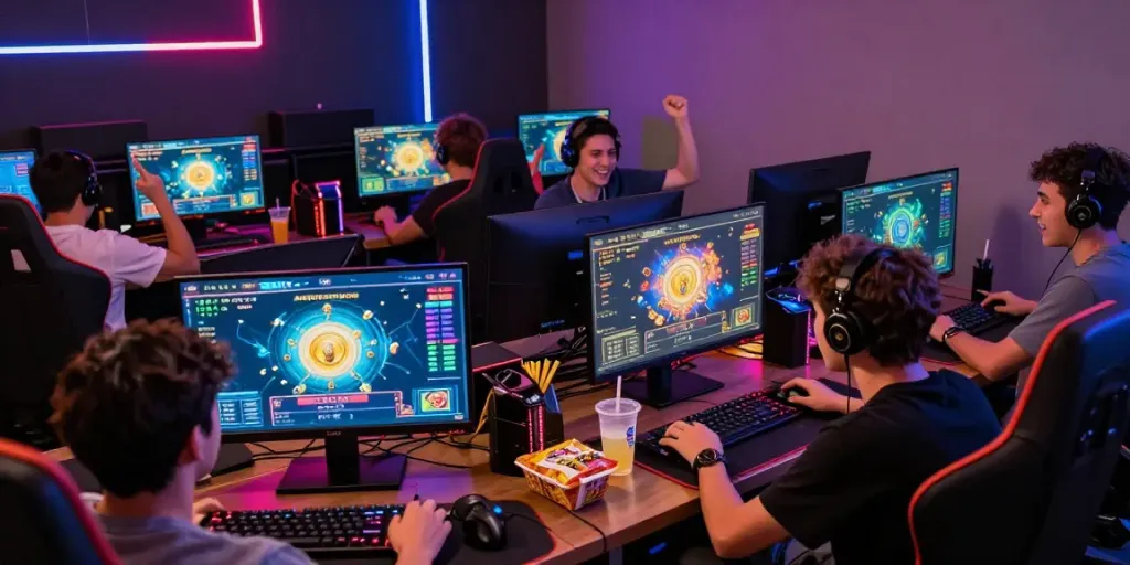 Pengguna bersemangat bermain ratutogel di ruang gaming yang nyaman dengan monitor dan cahaya LED.