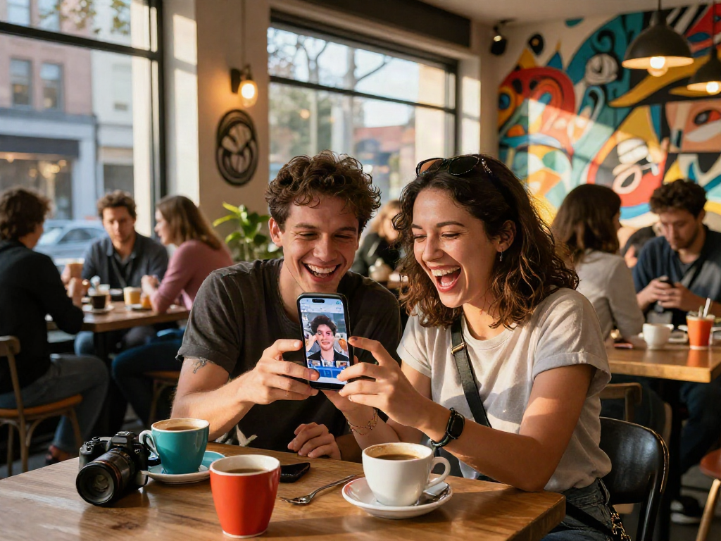 Two friends discovering who they look like celebrities while enjoying coffee at a café