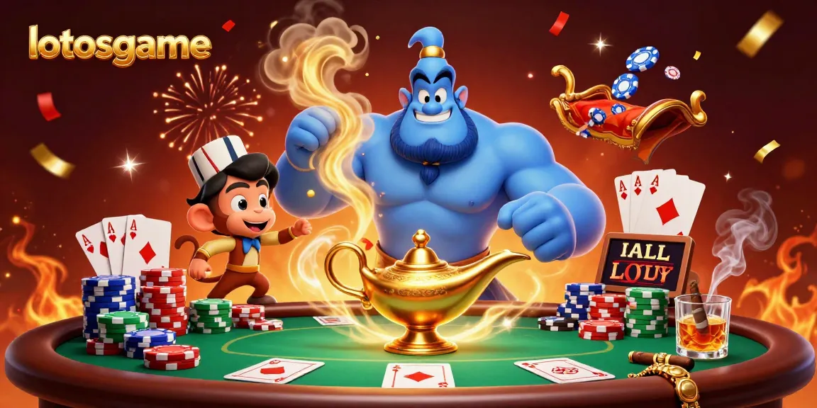 Experience the thrill of lotosgame with a dynamic genie and poker scene full of vibrant colors.