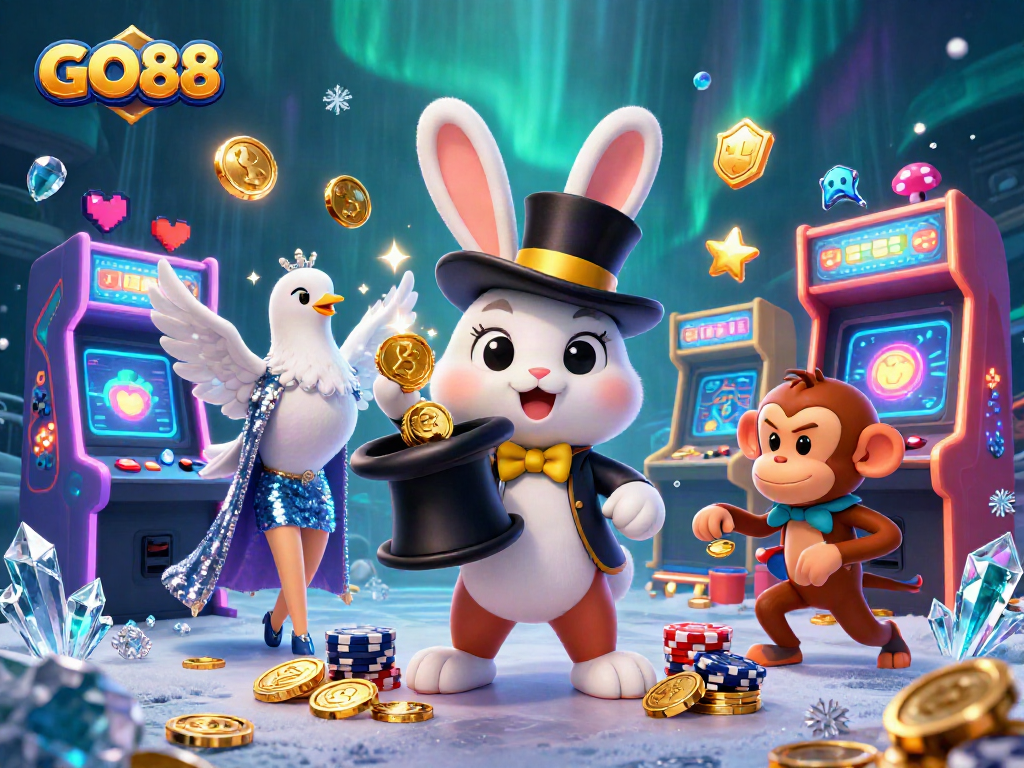 Join the excitement of GO88 with this captivating illustration showcasing a magician rabbit, assistant dove, and monkey in a vibrant casino atmosphere.