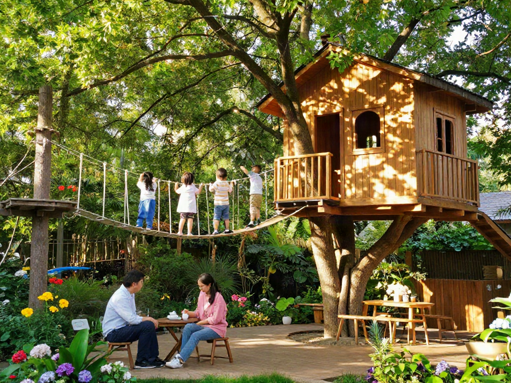 Engaging family tree house life scene with children playing and adults relaxing in a lush garden.