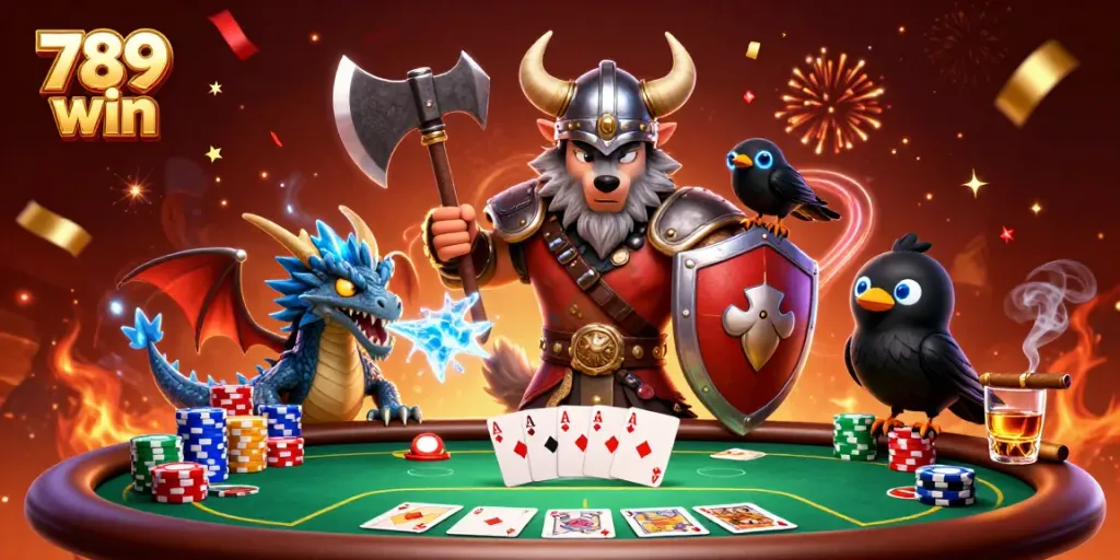 Engage in thrilling poker action with 789 win alongside a Viking wolf warrior and dragon.