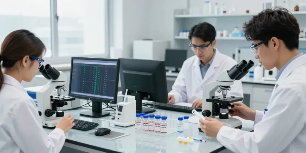 Scientists in a modern lab comparing pepti prices on high-tech screens.