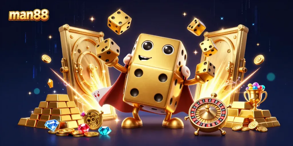 Experience thrilling games at man88 casino with dynamic golden dice and vibrant treasures.