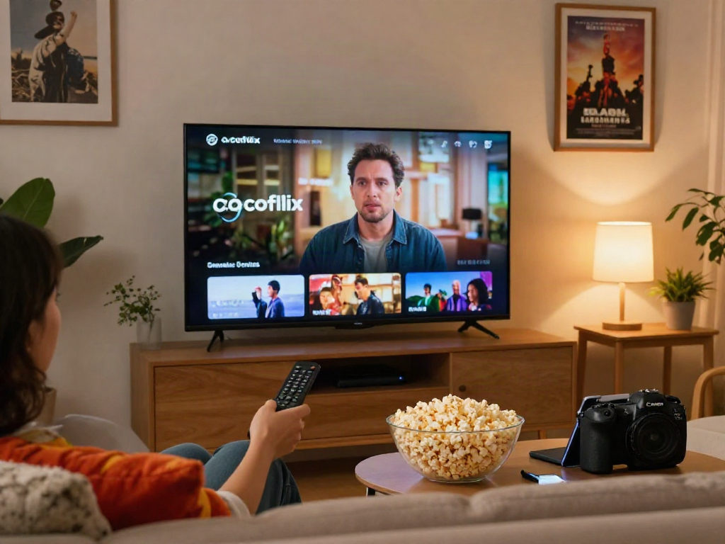 Cozy home scene illustrating a user engaged with cocoflix on a flat-screen TV, popcorn bowl, and vibrant décor.