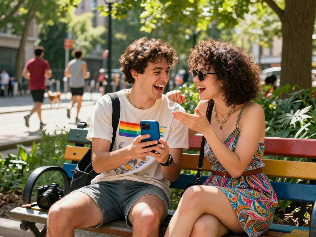 Couple enjoying ai chat nsfw on a smartphone in a colorful urban park.