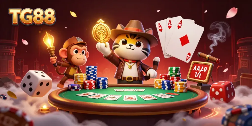 Experience the thrill of TG88 casino exploration with a 3D cartoon cat uncovering golden treasures and vibrant gambling action.