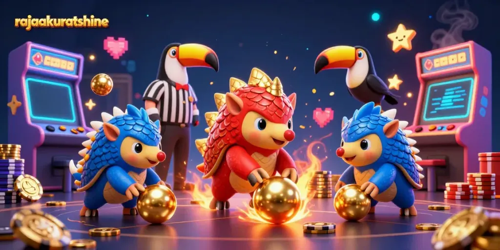 Engage with rajaakuratshine as pangolins in armor roll golden balls through poker chips in a vibrant 3D scene.