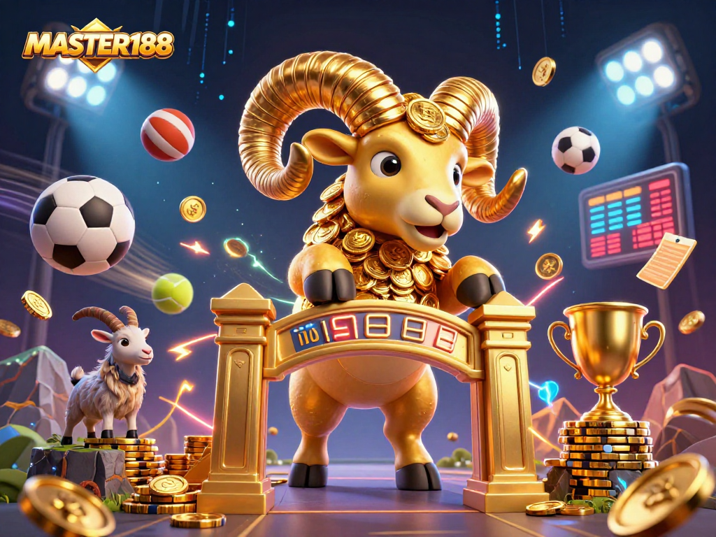 MASTER188 showcases thrilling sports betting energy with a dynamic 3D casino illustration.