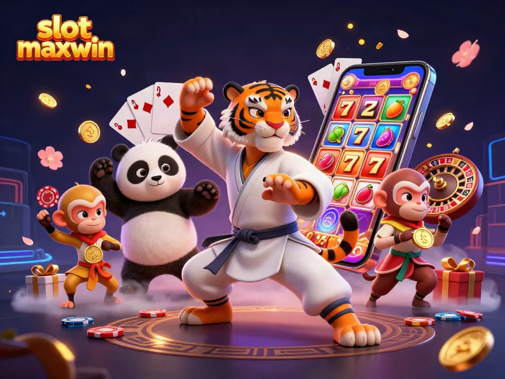 Spin the reels of slot maxwin with a kung fu tiger master in a dynamic casino scene.