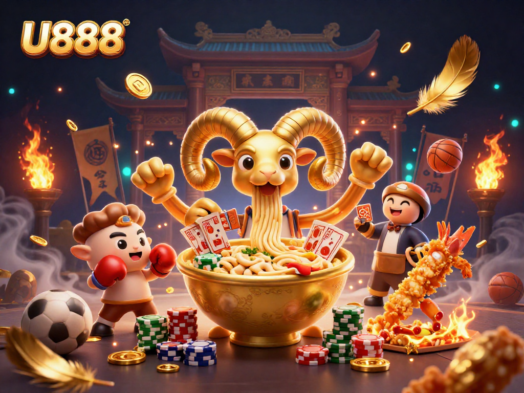 U888 sports betting scene featuring a golden ramen bowl doling out cards, captivating players with vivid energy