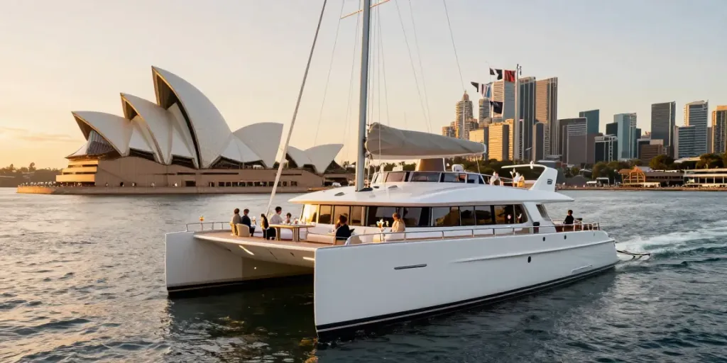 Private boat hire Sydney on a luxurious catamaran at sunset with guests enjoying the views.