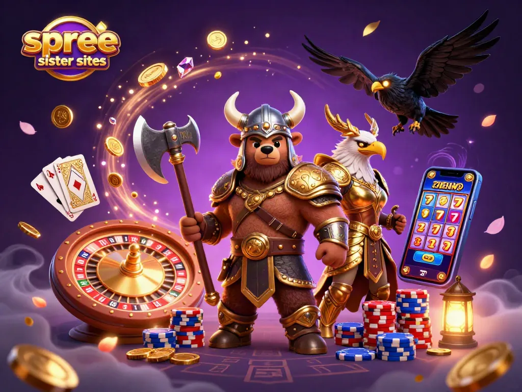 Spree casino sister sites illustrated with vibrant 3D characters and casino elements.