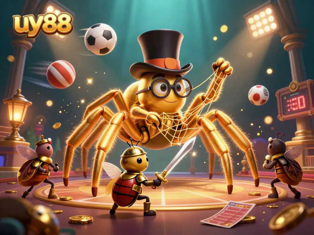 Engage with uy88's thrilling gameplay featuring a golden tarantula and beetle knight in a dynamic casino setting.