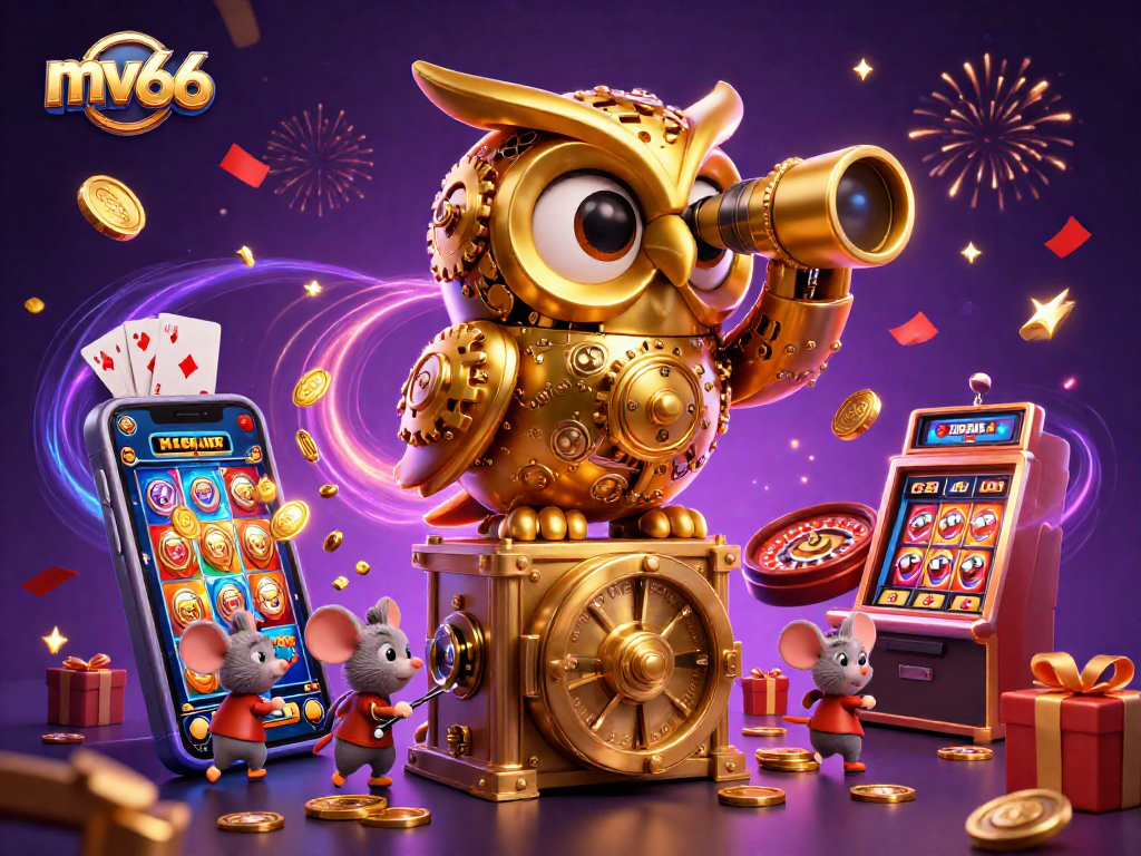 Experience the thrill of mv66 with a vibrant casino scene featuring a golden owl and dynamic game elements.