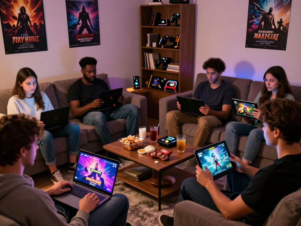 Engaged players enjoying immersive porn games in a cozy lounge setting with vibrant screens.