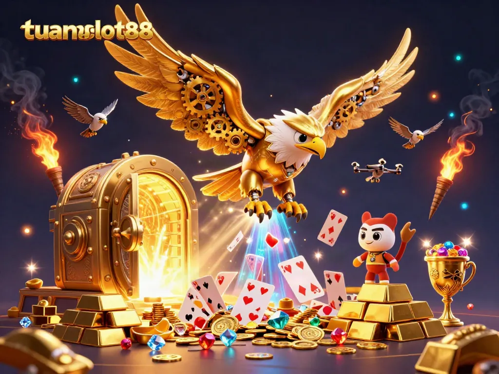 Gambaran aksi menarik di tuanslot88 saat memenangkan jackpot dengan kemewahan emas dan harta berkilauan.