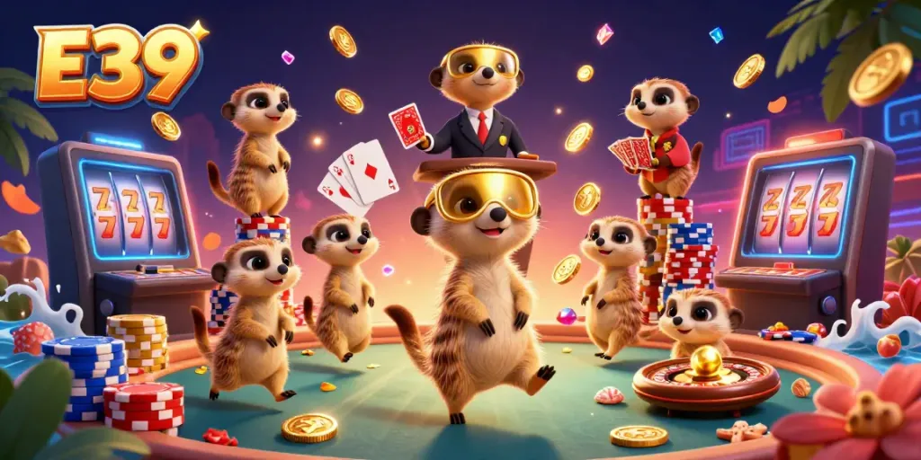 Các meerkat đang điều hành sòng bạc E39 sôi động với những đồng xu và đá quý bay xung quanh.