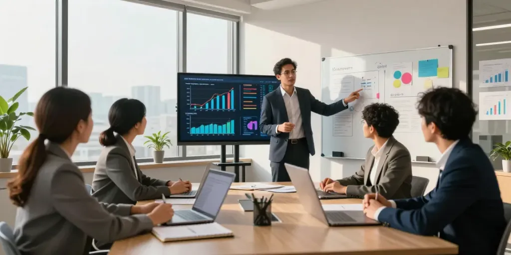 Team collaboration in a modern office meeting, showcasing how to read more insights effectively.