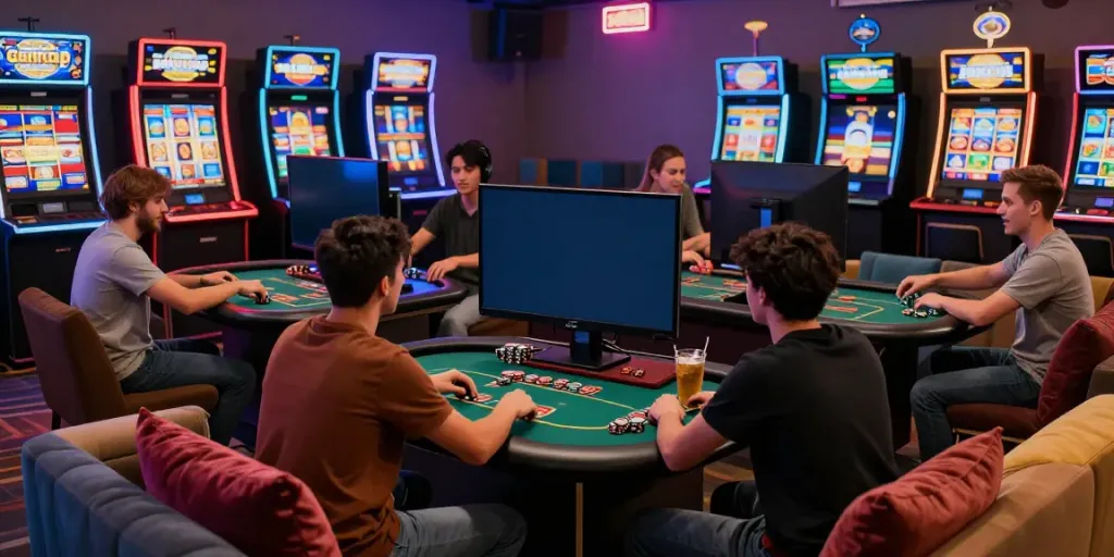 Group enjoying games at non gamstop casinos in a lively lounge.