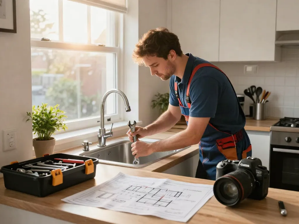 WEFIX London plumber fixing a kitchen sink in a modern home.