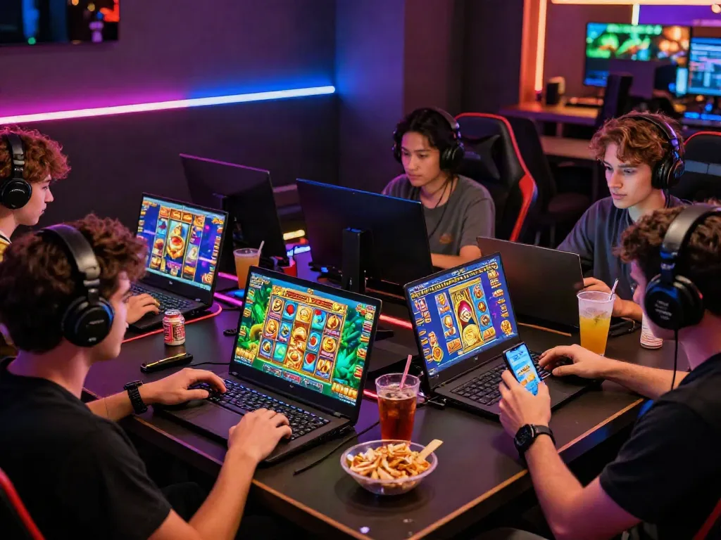 Players enjoying slot gacor games online in a vibrant gaming room full of color and excitement.