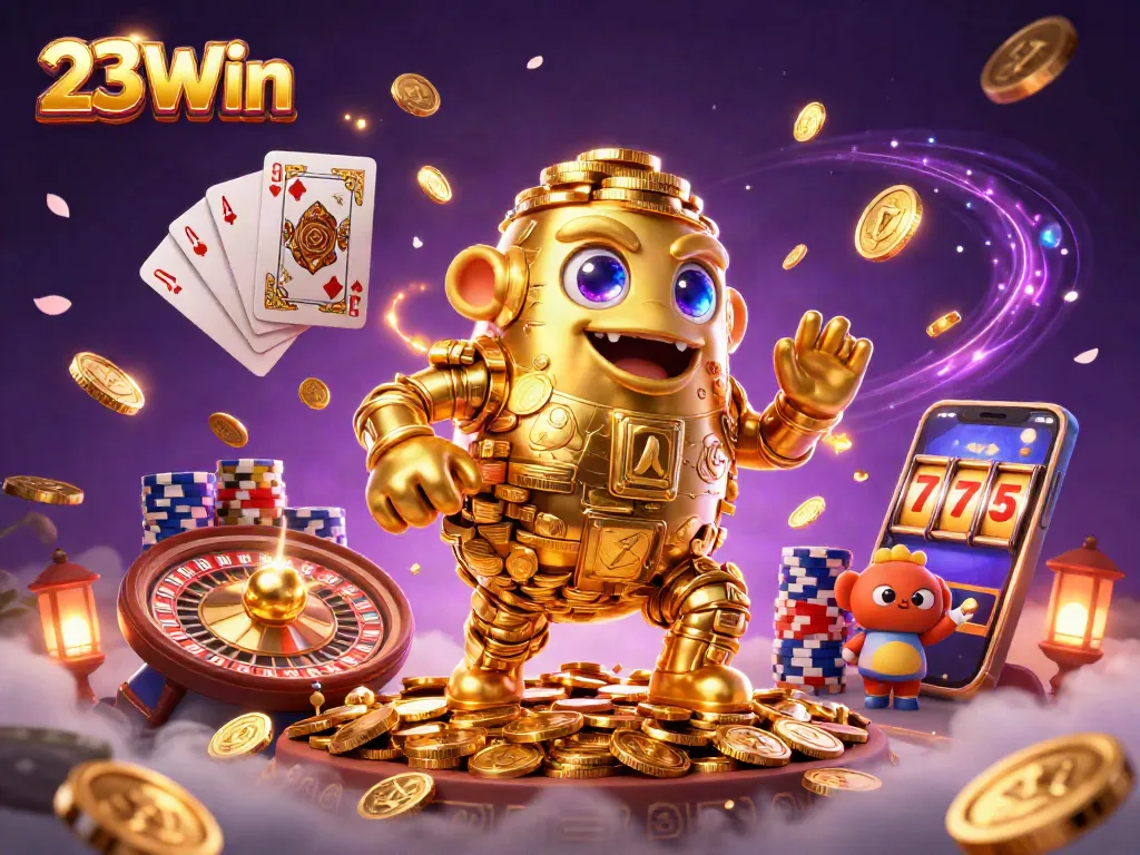 Engage with the captivating 23Win universe, showcasing a dynamic scene of casino elements and a golden golem.