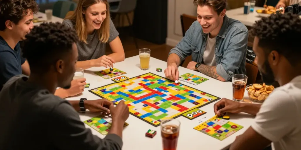 Friends enjoying Qwirkle during a game night at home, highlighting the joy of play.