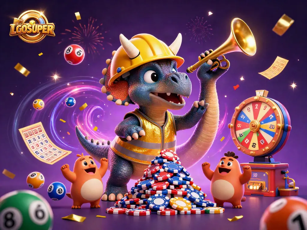 Celebrate big wins with LGOSUPER in a vibrant 3D casino-themed scene filled with dynamic elements.