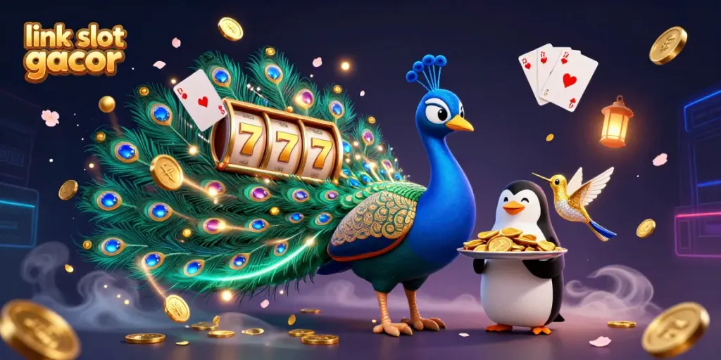 Menyambut permainan di link slot gacor, dengan ilusi 3D yang menampilkan karakter kasino penuh warna dan elemen slot dinamis.