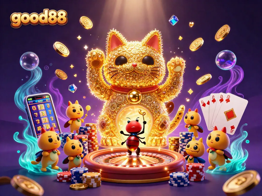 Play thrilling casino games at good88 with vibrant golden fireflies and dynamic gaming elements.
