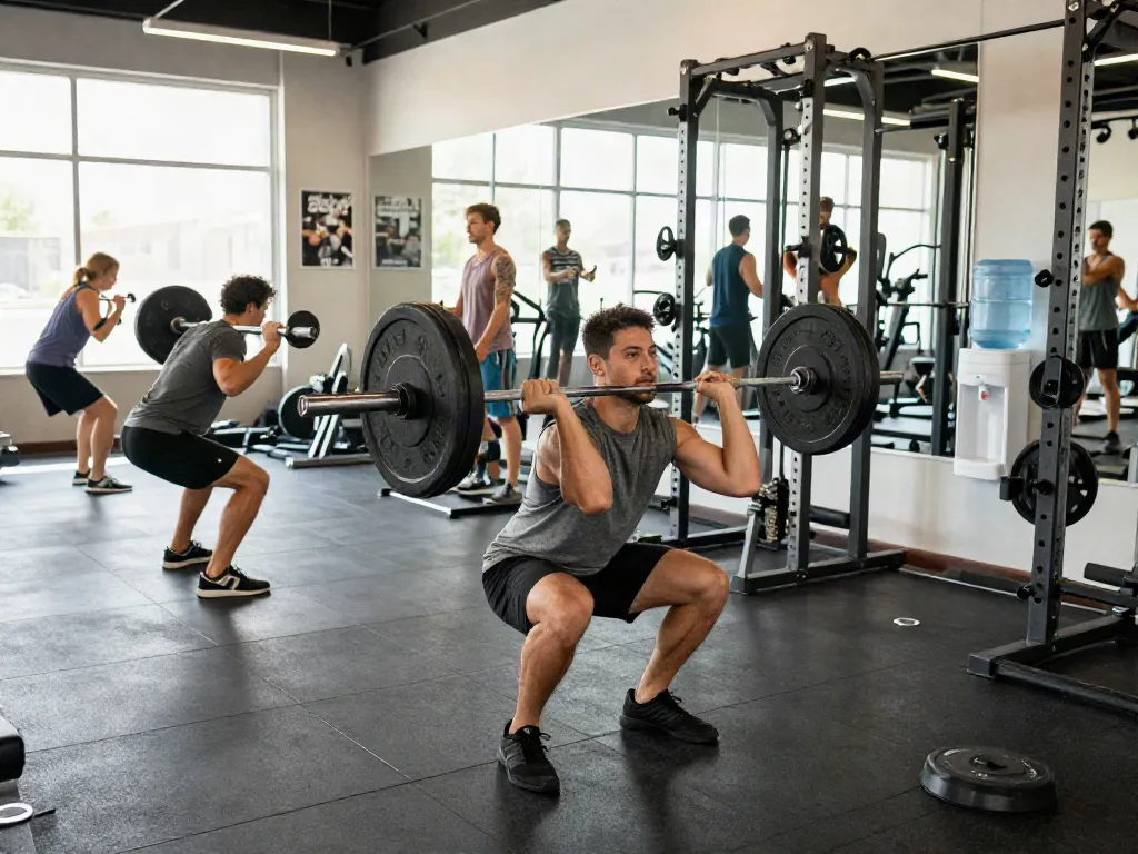 Intense gym training scene showing an athletic man squatting, promoting comprare steroidi orali for muscle growth.