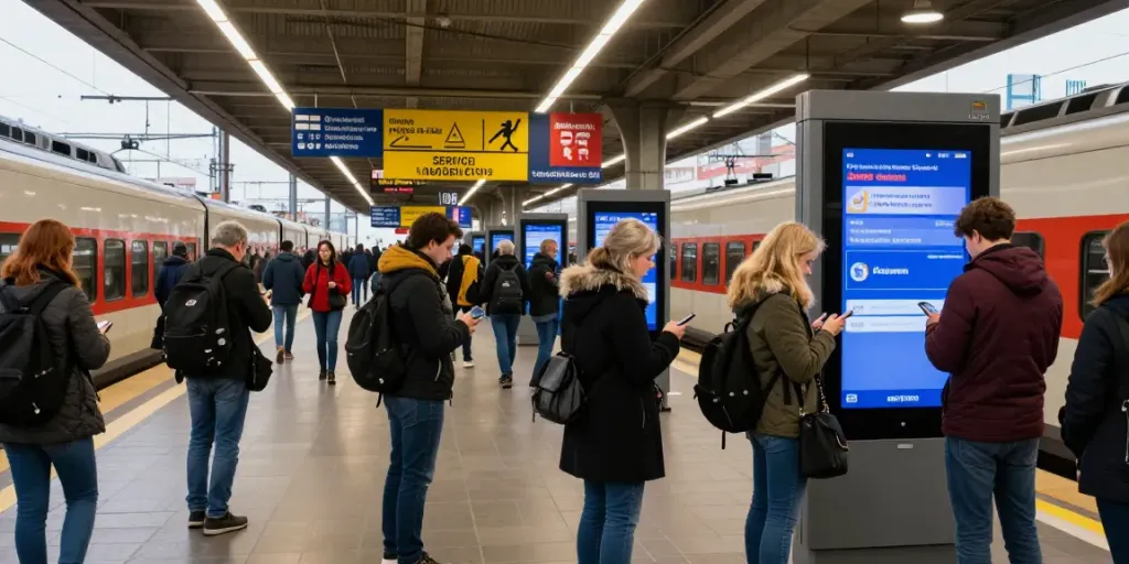 Commuters at an Italian railway station checking for sciopero updates amid a transportation strike alert.