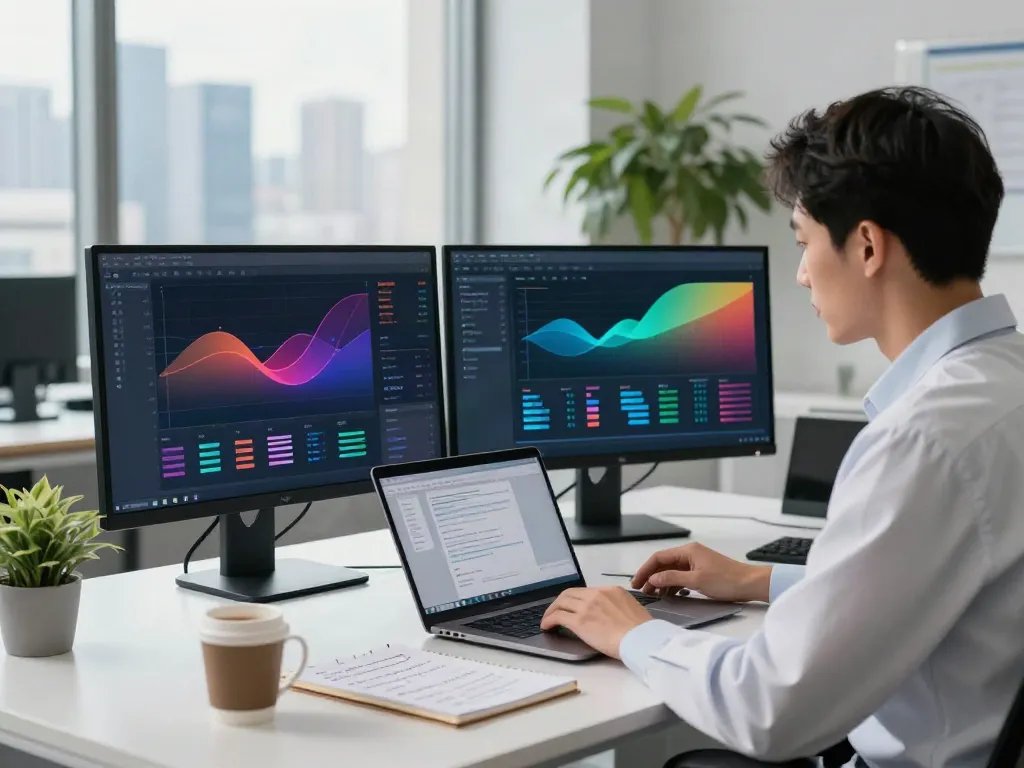 Data scientist utilizing a dataset search tool to analyze data on dual monitors in a modern office.