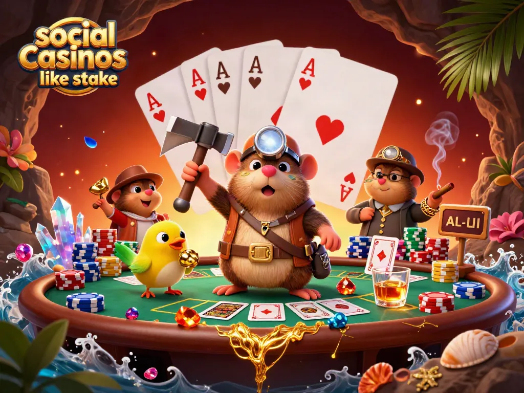 Experience social casinos like stake featuring a treasure hunter mole in a vibrant gaming scene full of excitement.