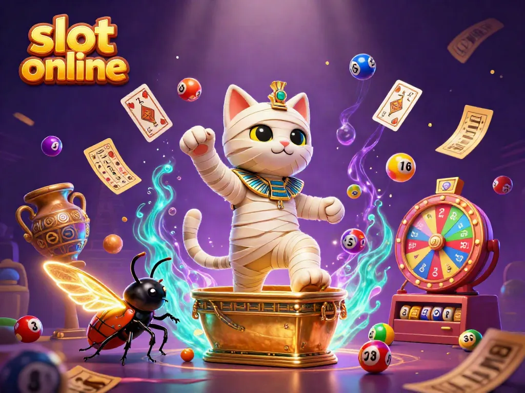 Engage in slot online gameplay with a vibrant Egyptian-themed casino scene featuring a mummy cat and glowing scarab