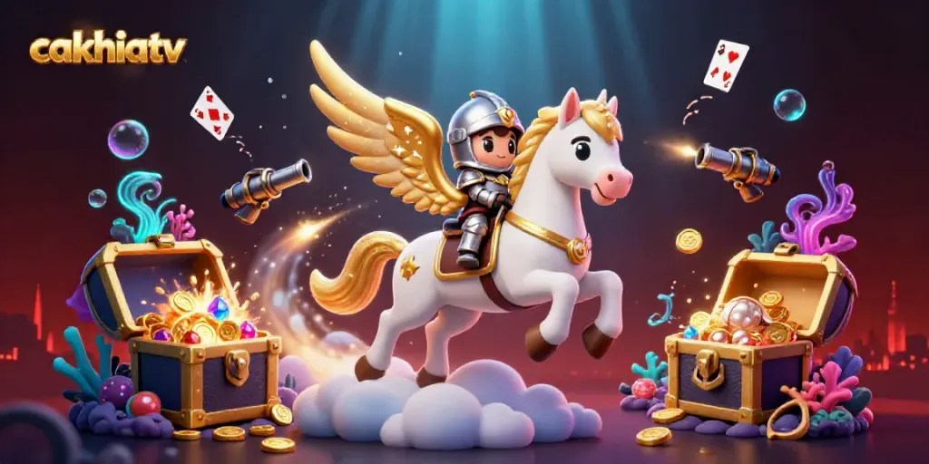 CakhiaTV features an epic scene with a celestial horse and knight amidst vibrant gaming elements.
