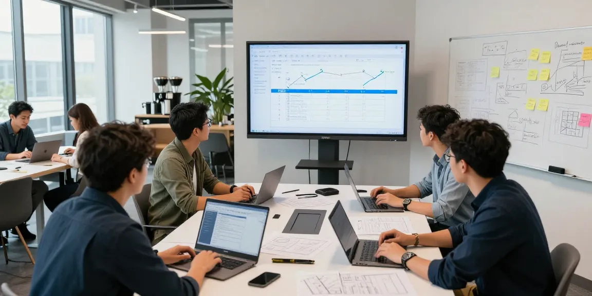 MVP development service team collaborating in a vibrant startup workspace with blueprints and prototypes.