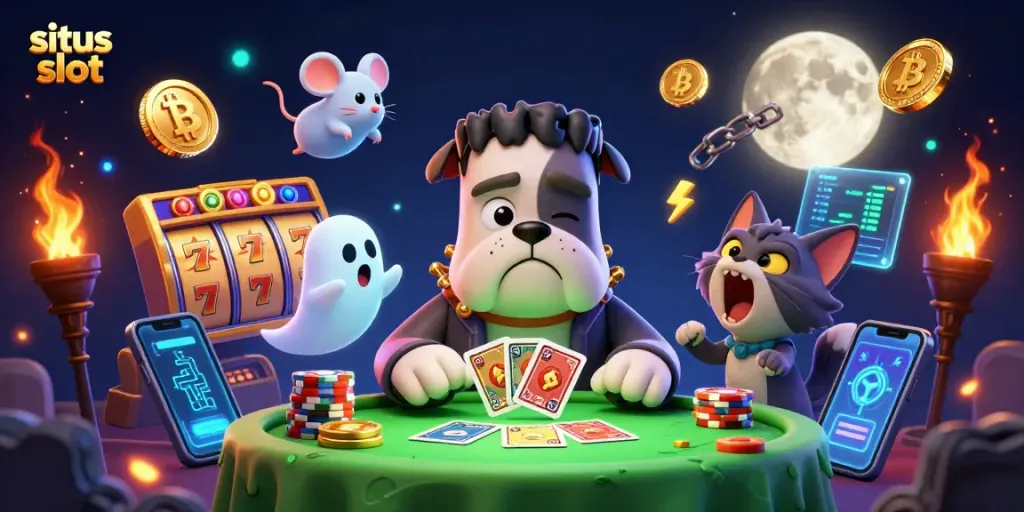 Engage in situs slot gaming with a colorful 3D scene, featuring a bulldog dealer, ghost mouse, and werewolf kitten.