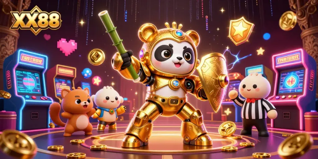 Engage with interactive XX88 casino games featuring a golden panda mech in a vibrant arena.
