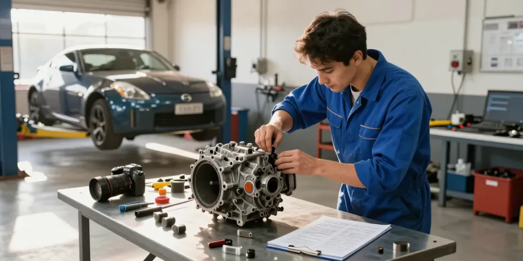 Professional mechanic inspecting CD009 transmission for sale in a bright automotive workshop.