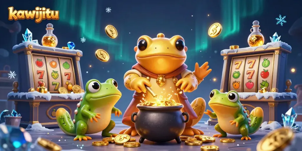 Experience thrilling wins with kawijitu's lively slot games featuring vibrant golden coins and alchemic characters.
